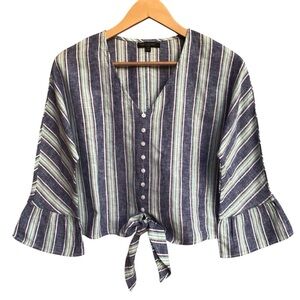 For Cynthia Striped Linen Blend Tie Front Bell Sleeve Crop Shirt